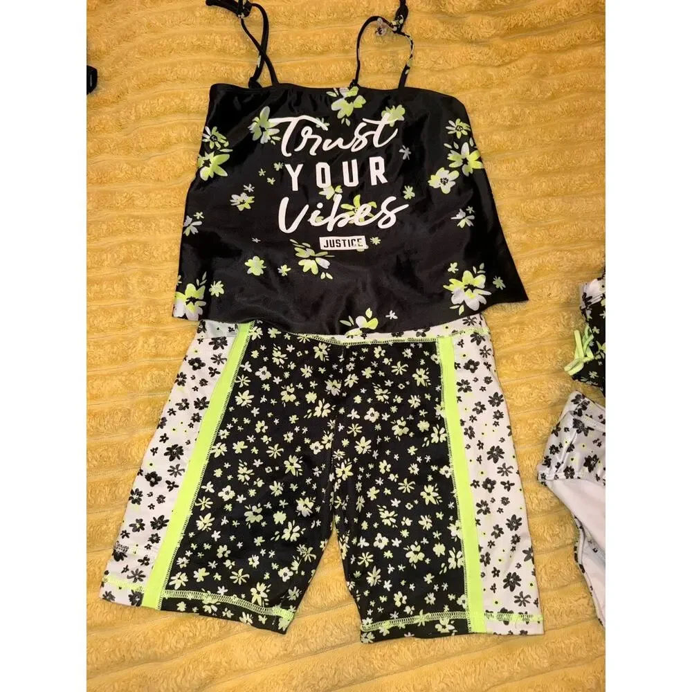 Girls Justice Lot Bundle Swim Short Shirt Green Floral Black Size 10